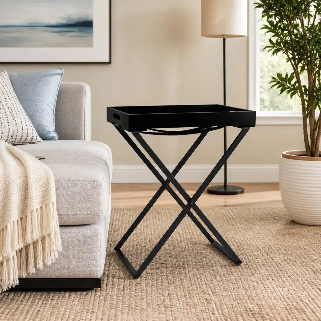 Folding Side Table Black Compact Indoor Outdoor Space Saving Sturdy Iron Frame