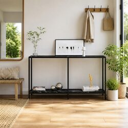 Compact Console Table: Black Tempered Glass, Steel Frame