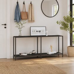 Black Console Table with Glass Top and Storage Shelf