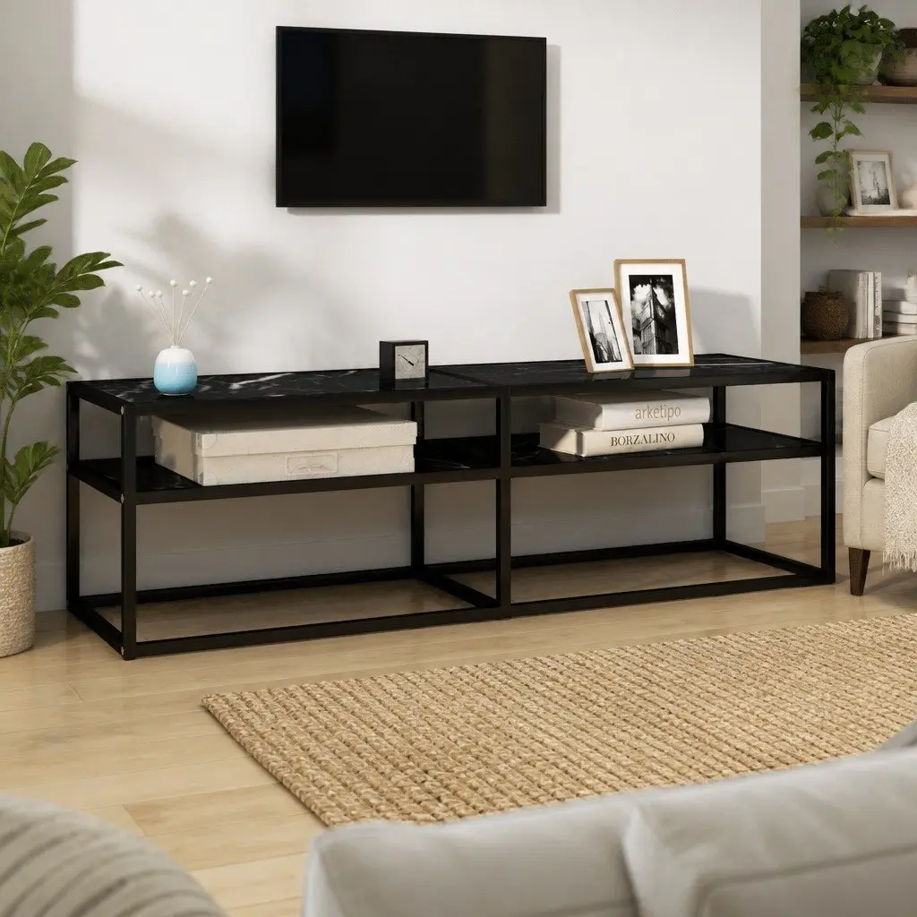 TV Cabinet Black Marble Tempered Glass Shelving Unit 140 x 40 x 40.5 cm Sturdy Steel Frame
