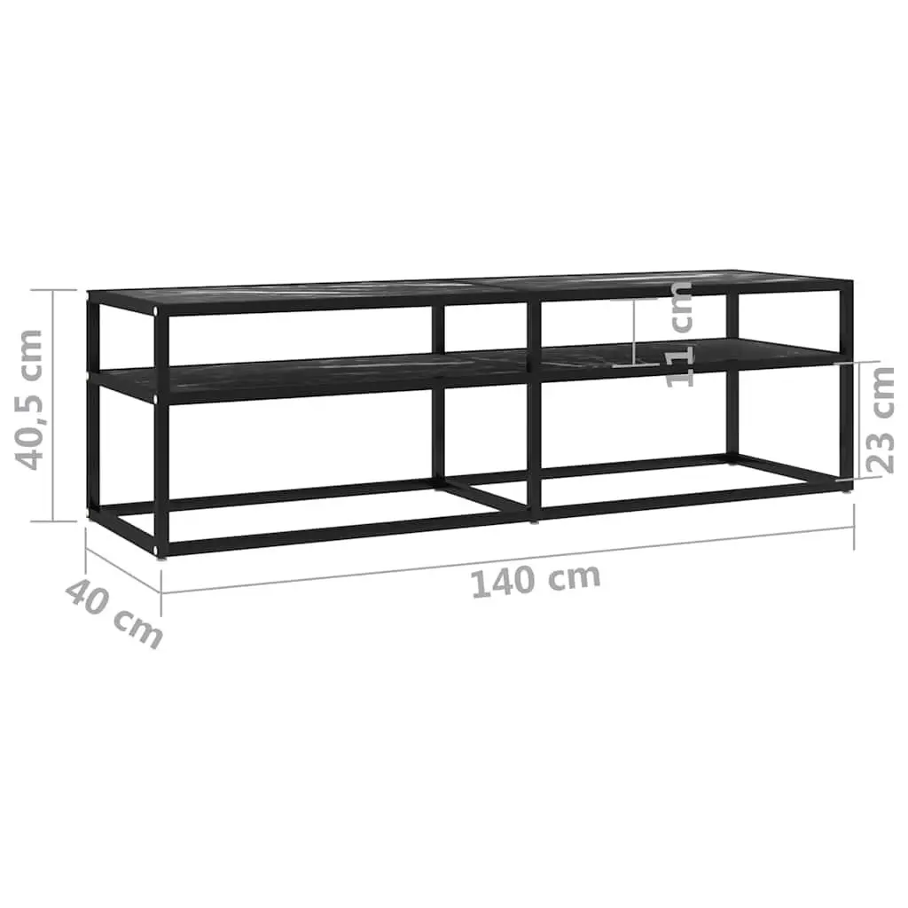 TV Cabinet Black Marble Tempered Glass Shelving Unit 140 x 40 x 40.5 cm Sturdy Steel Frame