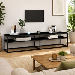 TV Cabinet Black Glass Shelving Unit Living Room Entertainment Storage Furniture