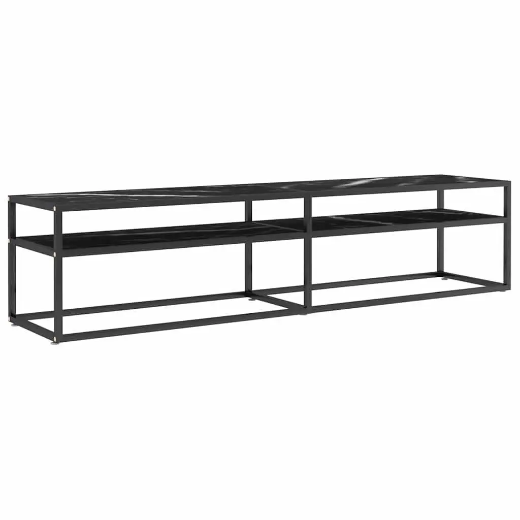 TV Cabinet Black Marble Tempered Glass Shelving Unit Living Room Storage