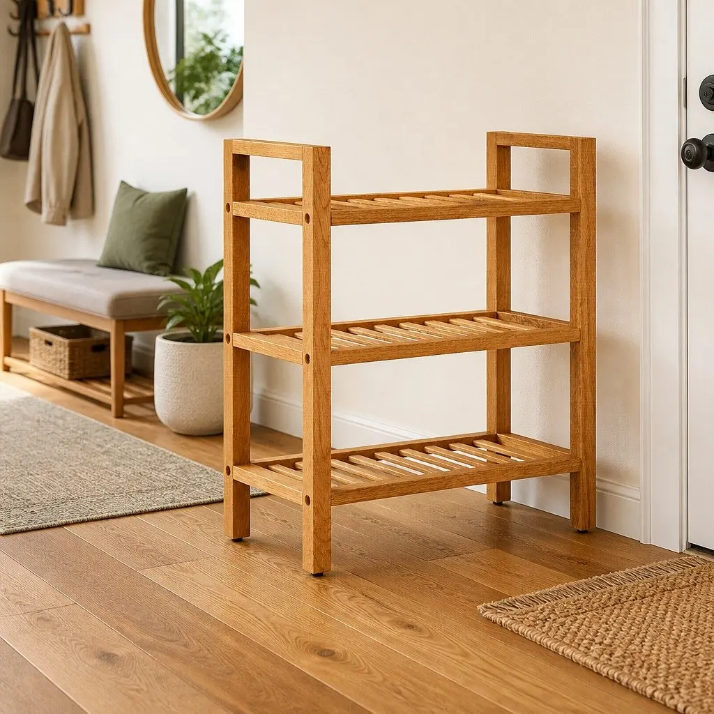Wooden Shoe Rack Brown 3 Shelves Solid Oak Wood Storage Organiser