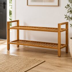 Shoe Rack with 2 Shelves Brown Wooden Storage Organiser Hallway Closet Footwear