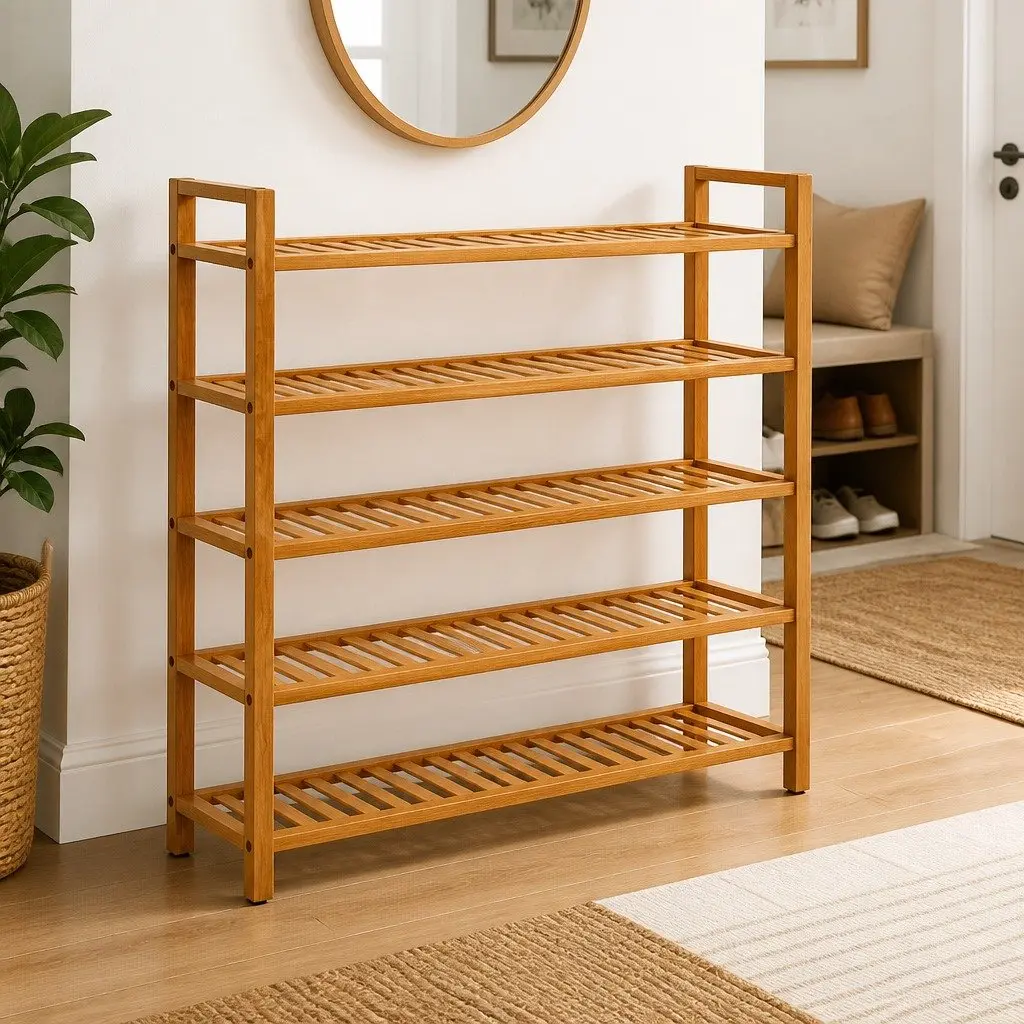 Shoe Rack Brown 5 Shelves Wooden Storage Organiser Hallway Display Stand