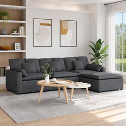 Modular Sofa with Footstool and Cushions Dark Grey Corner Lounge Suite Sectional