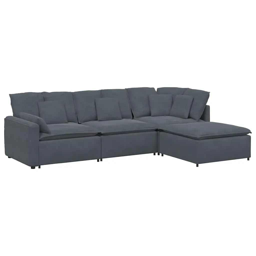 Grey Velvet Modular Sofa Four Sections with Footstool for Flexible Living Room Arrangement
