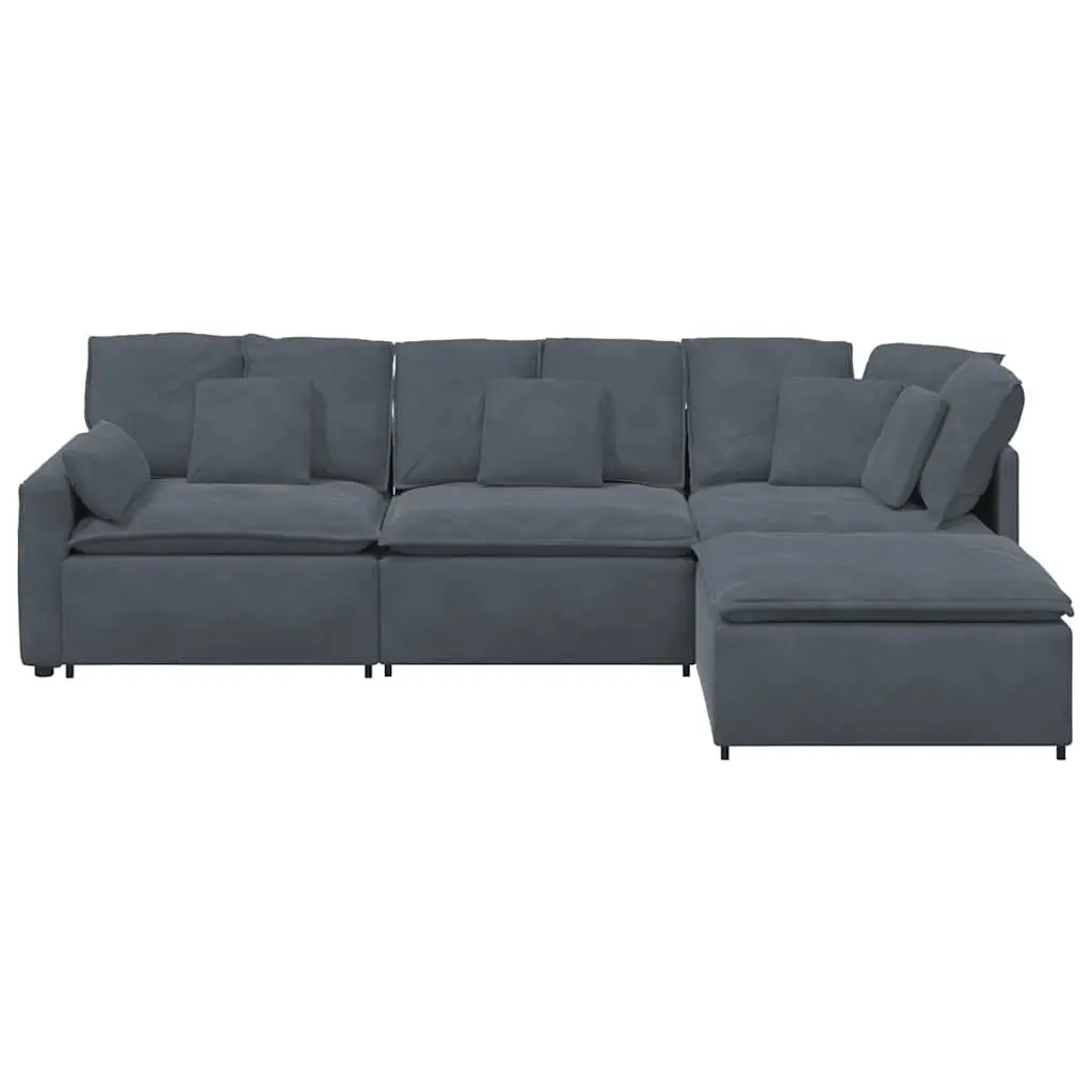 Grey Velvet Modular Sofa Four Sections with Footstool for Flexible Living Room Arrangement