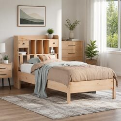 Bookcase Bed Frame 90x190cm Solid Pine Wood Slatted Base Bedroom Furniture