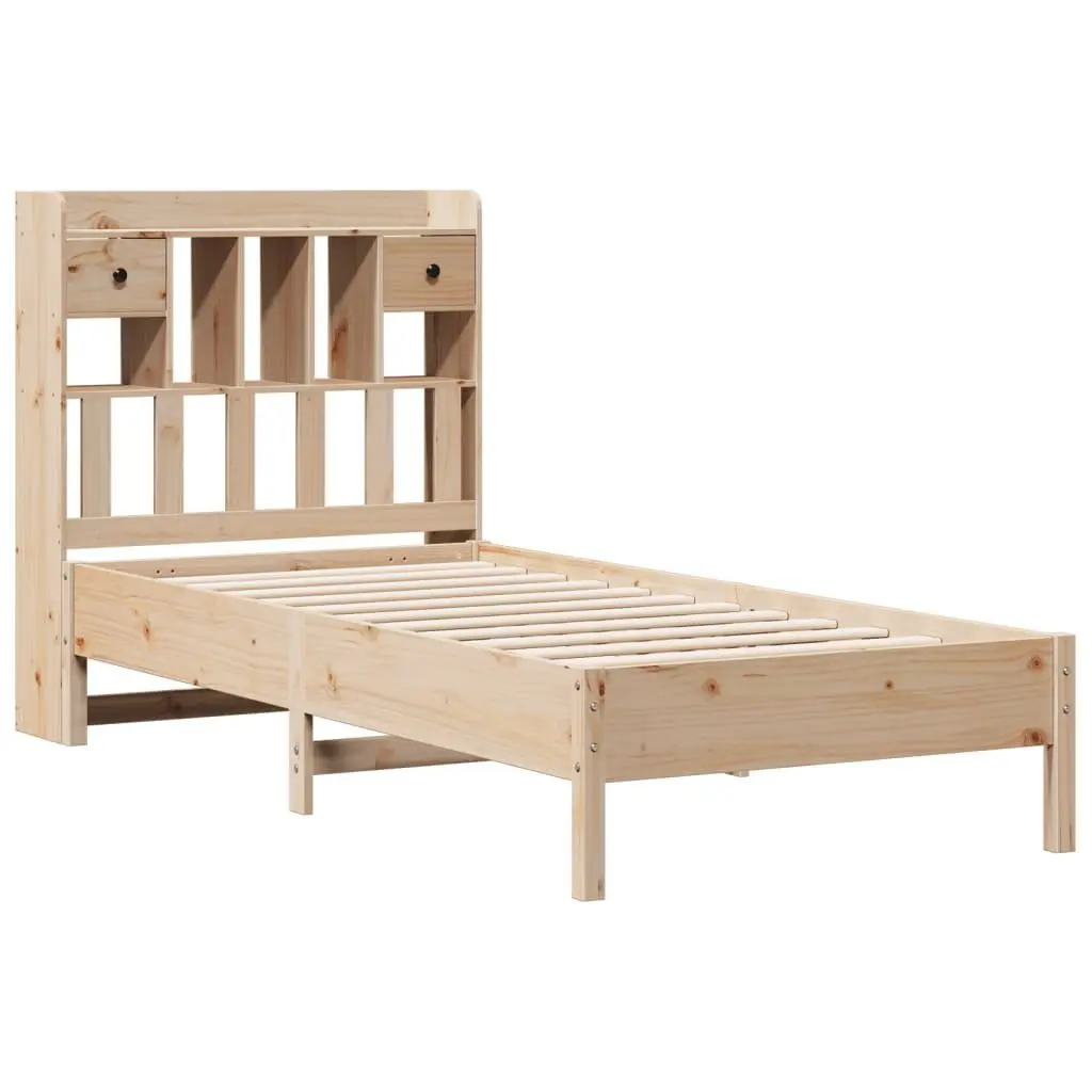 Bookcase Bed Frame Brown 90x190cm Solid Pine Wood Slatted Base Integrated Storage