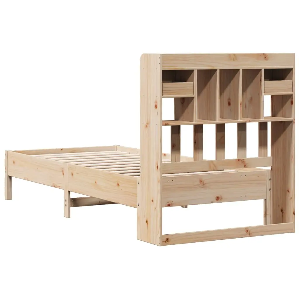 Bookcase Bed Frame Brown 90x190cm Solid Pine Wood Slatted Base Integrated Storage