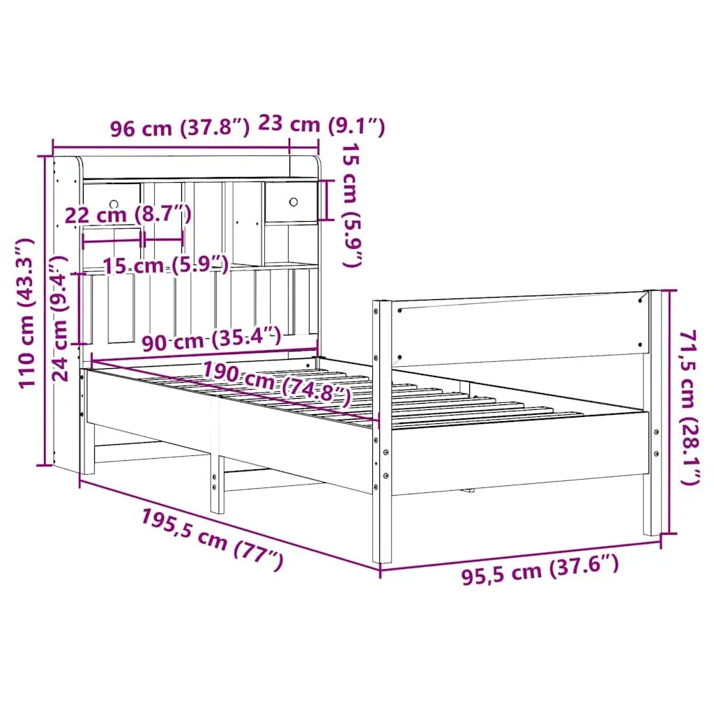 Bookcase Bed Frame Brown 90x190cm Solid Pine Wood with Integrated Storage and Slatted Base