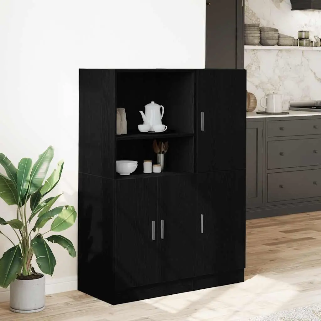 Black Engineered Wood Wall Mounted Kitchen Cabinet Set 2 Piece Storage Shelves