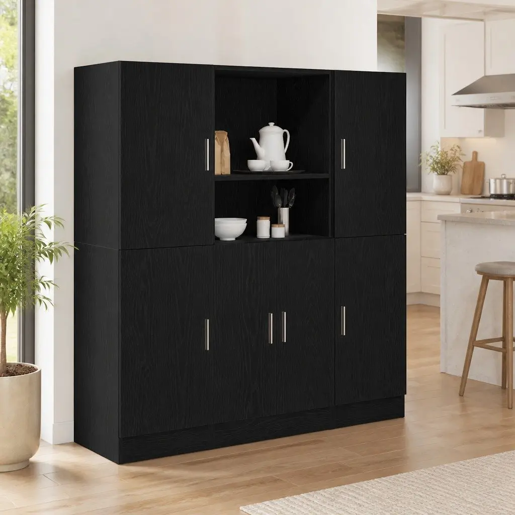 Wall Mount Storage Shelving Set Black Engineered Wood 3 Piece Kitchen Cabinet