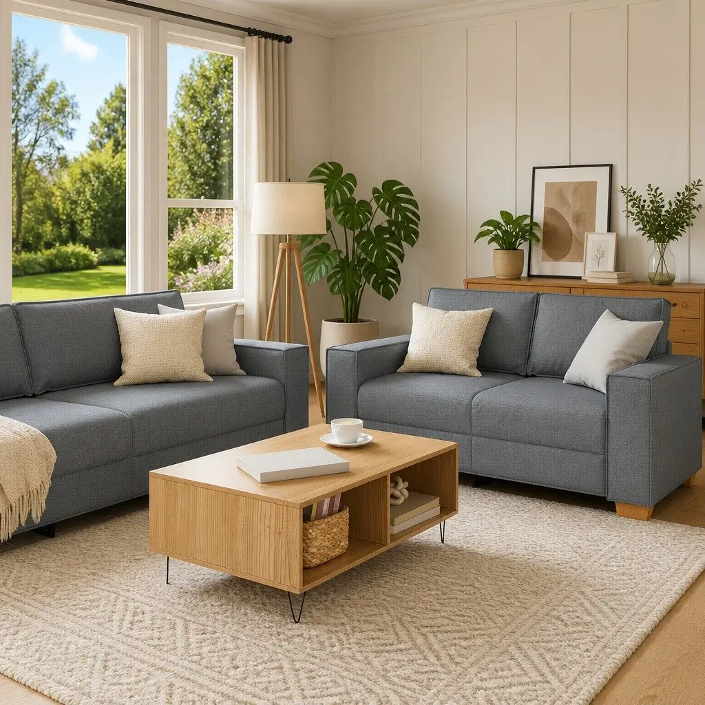 3-Piece Sofa Set Light Grey Linen-Blend Fabric Living Room Sectional Furniture