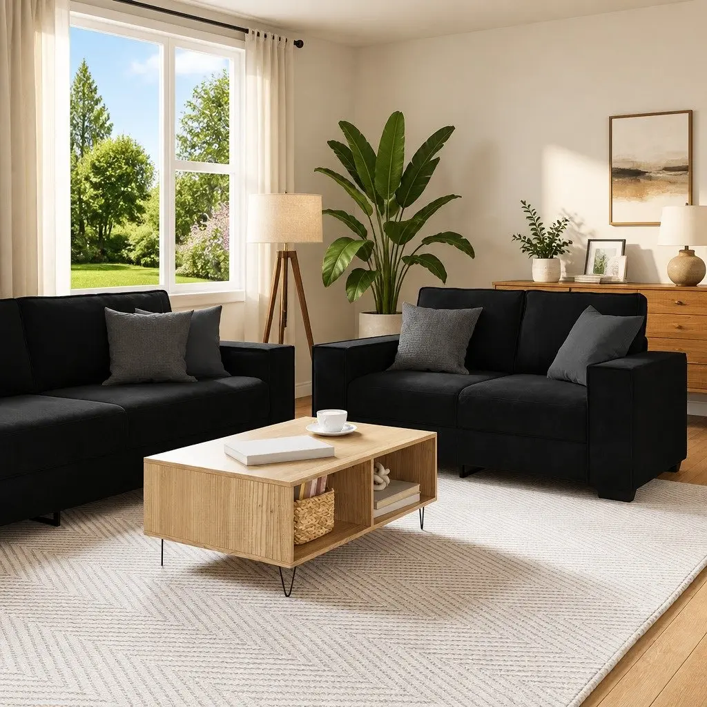 2 Piece Sofa Set Black Velvet Thickly Padded Seating Armrest