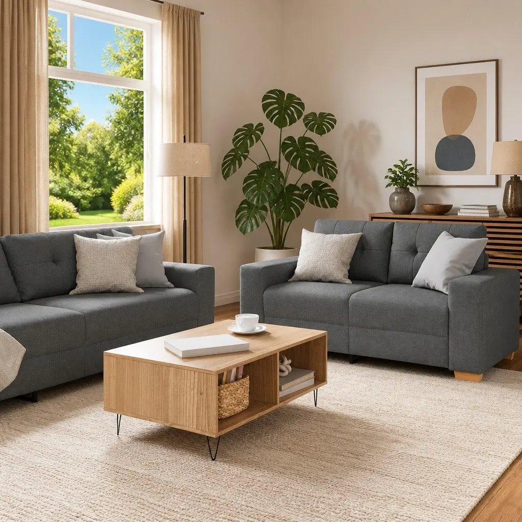 2 Piece Sofa Set Dark Grey Polyester Fabric Sturdy Frame Wide Armrests Thick Padding