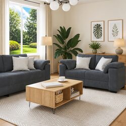 2 Piece Sofa Set Grey Velvet Lounge Suite Armrest Cushioned Living Room