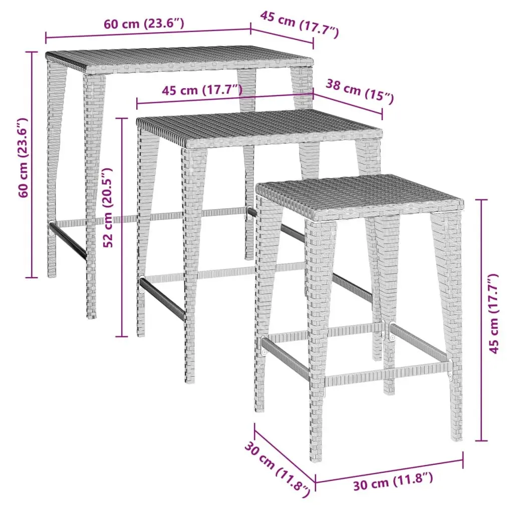 Garden Nesting Tables 3 Pcs Brown Outdoor Furniture Stackable Patio Side Table