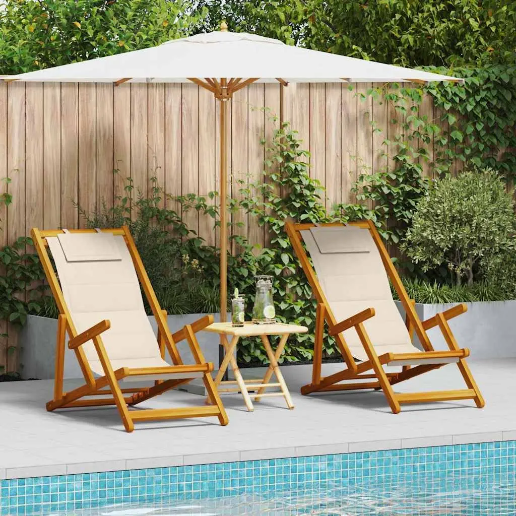 Folding Beach Chair 2 Pcs Outdoor Garden Patio Seating Cushion Acacia Wood