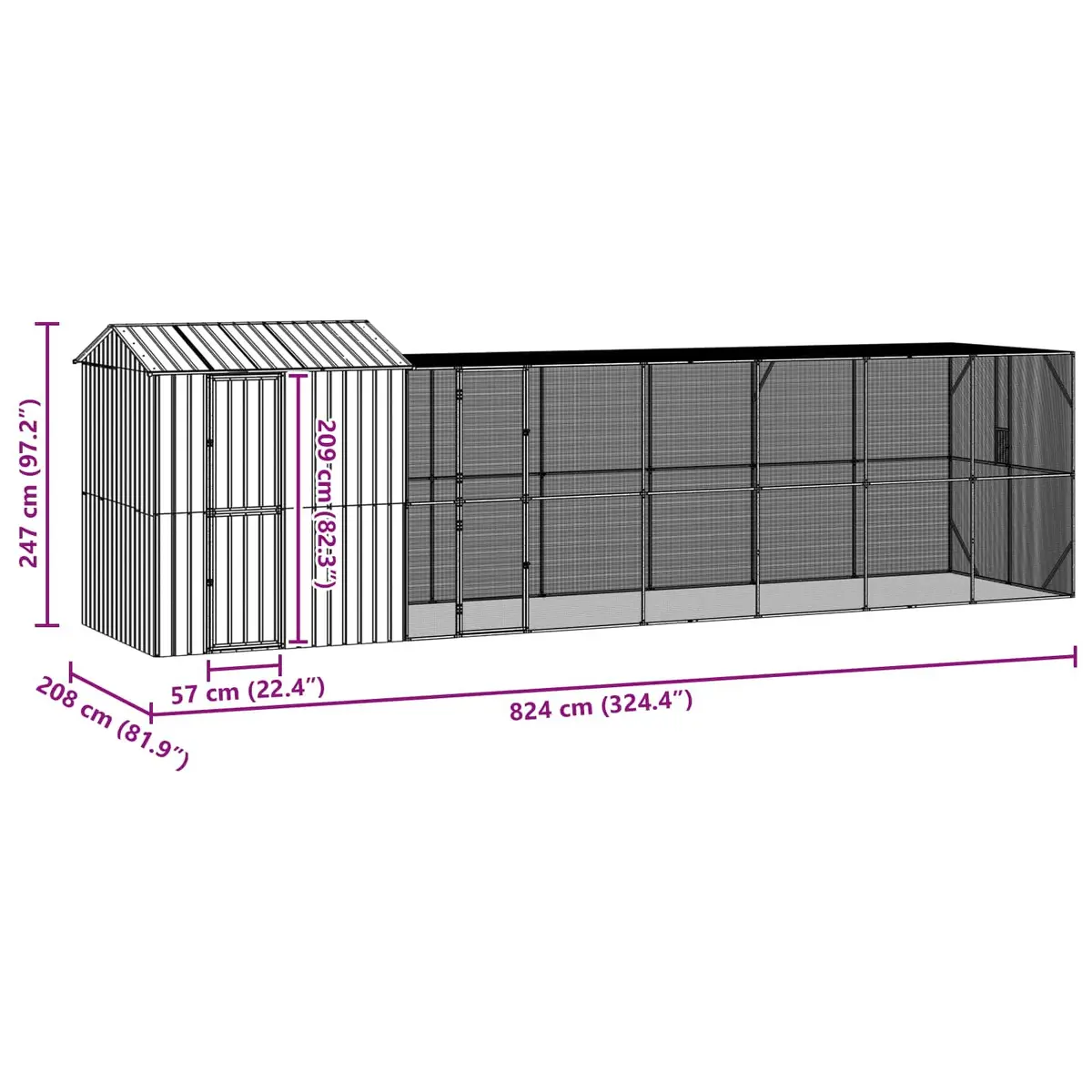 Bird Cage Anthracite 824x208x247cm Galvanised Steel Outdoor Aviary