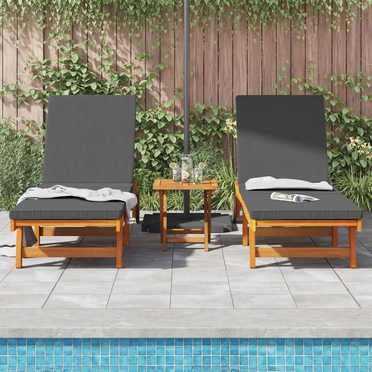 Sun Lounger Brown 2 Pcs Solid Acacia Wood Adjustable Backrest Garden Outdoor