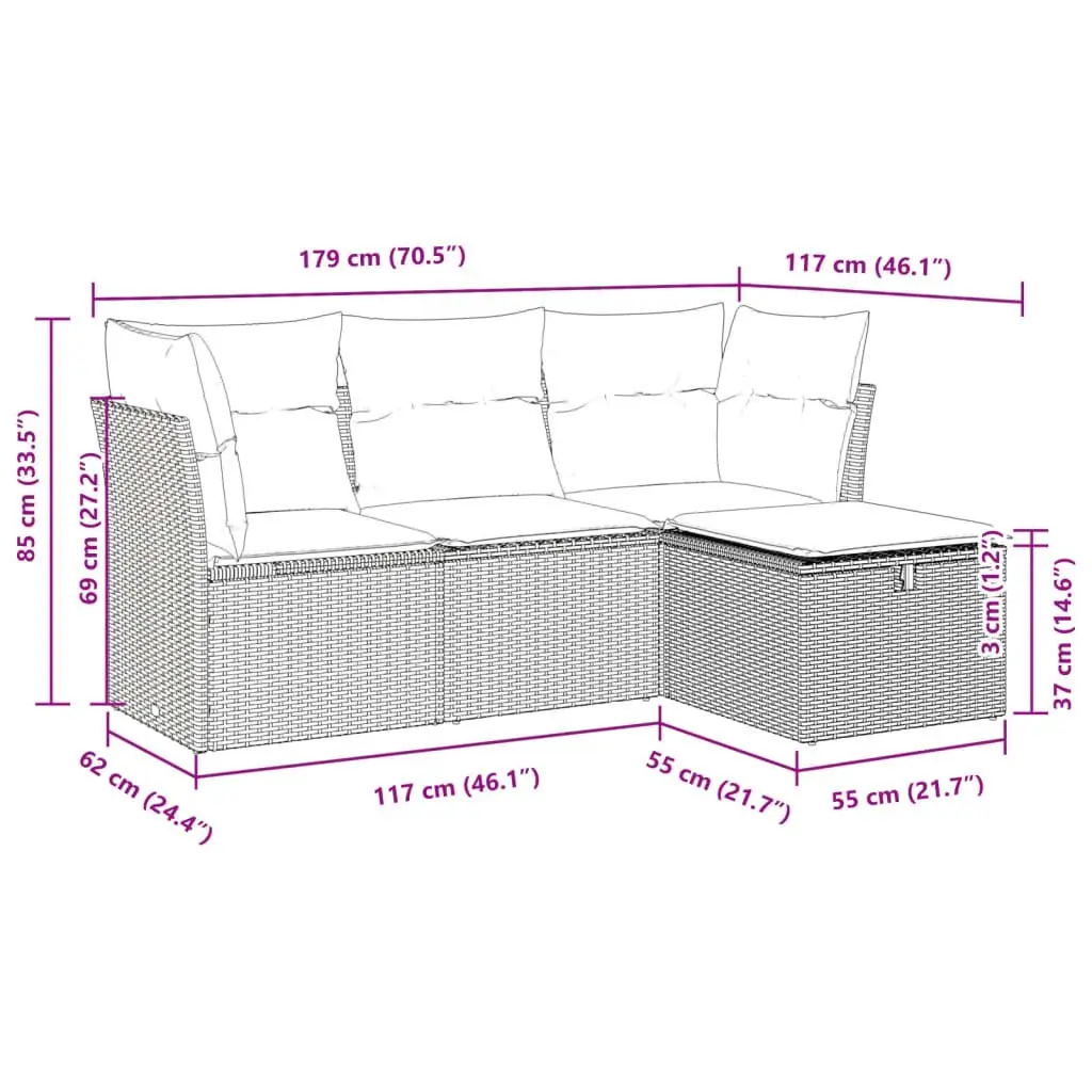 Garden Sofa Set Black 4 Piece Outdoor Furniture Poly Rattan Patio with Cushions