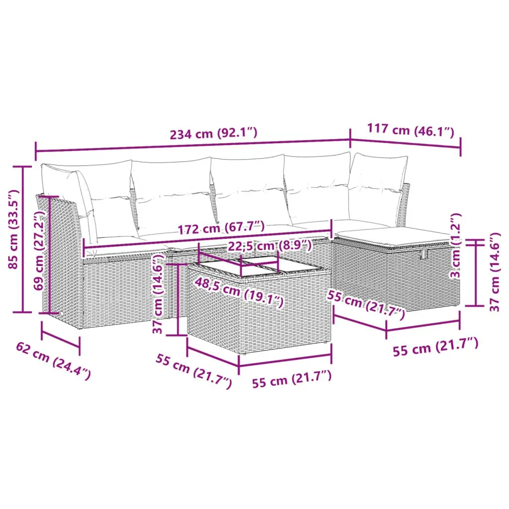 Garden Sofa Set 6 Piece Outdoor Furniture with Cushions Grey Poly Rattan Modular