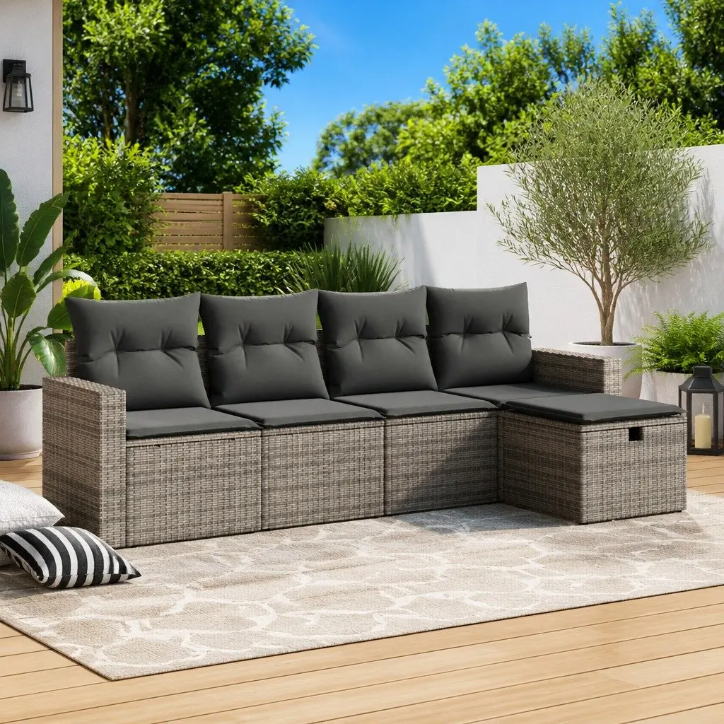Garden Sofa Set 5 Piece Outdoor Furniture Grey Poly Rattan with Cushions Storage