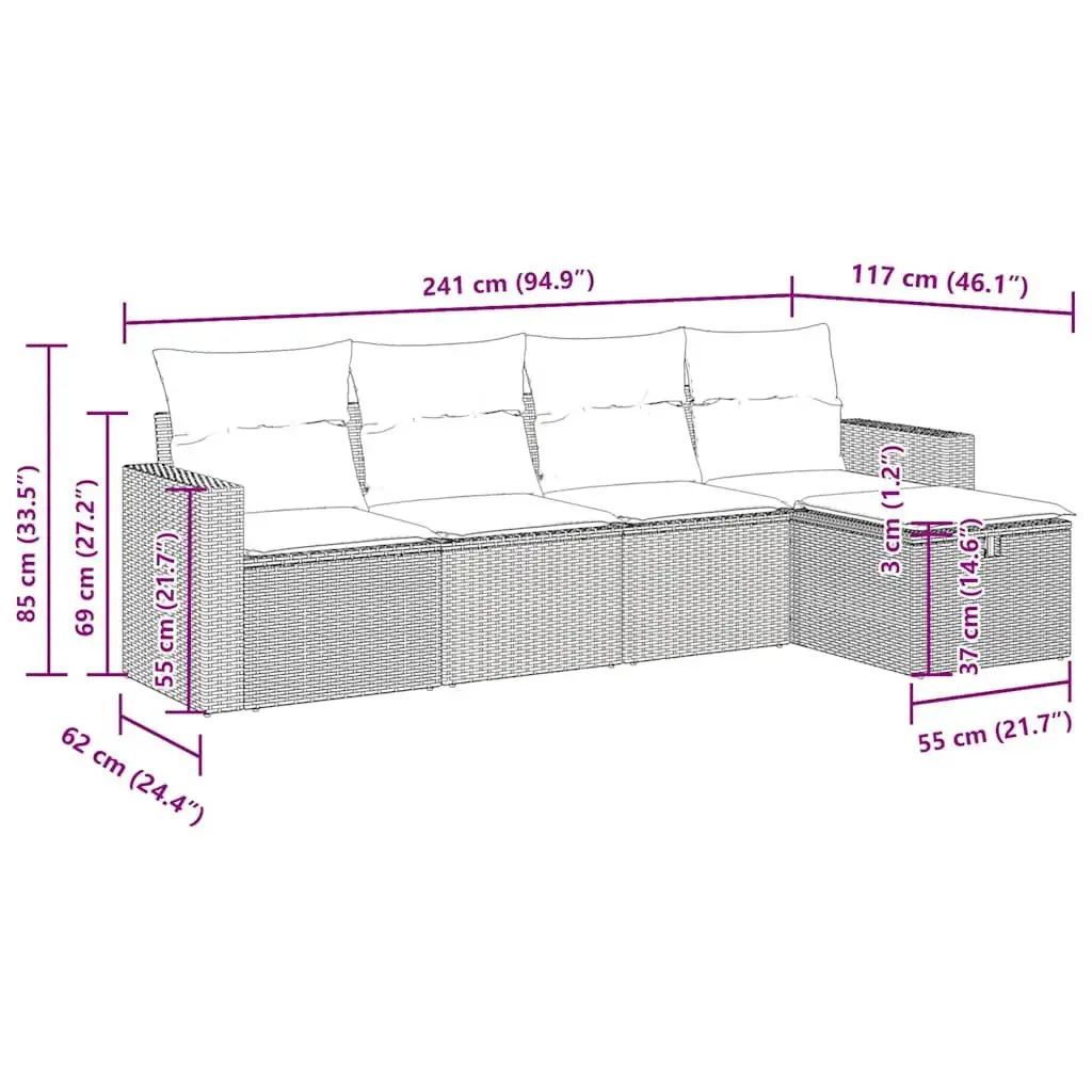 Garden Sofa Set 5 Piece Outdoor Furniture Grey Poly Rattan with Cushions Storage