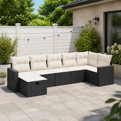 7 Piece Outdoor Garden Sofa Set Black Poly Rattan Patio Furniture with Cushions