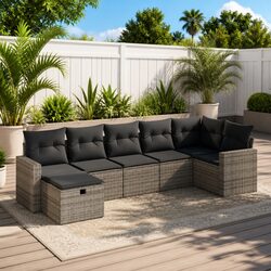7 Piece Garden Sofa Set Grey Poly Rattan Outdoor Furniture with Storage Cushions
