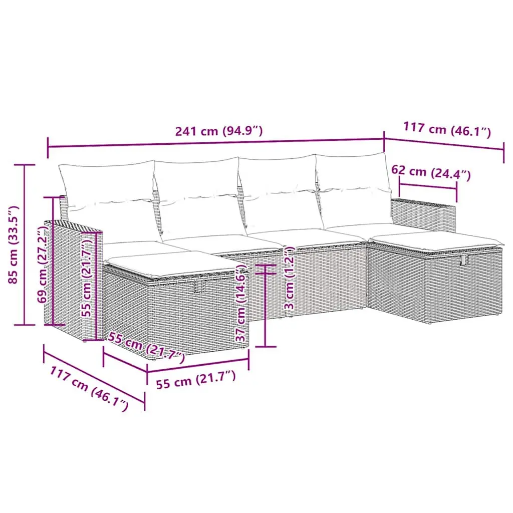 Garden Sofa Set 6 Piece Outdoor Furniture Black Poly Rattan Patio Lounge with