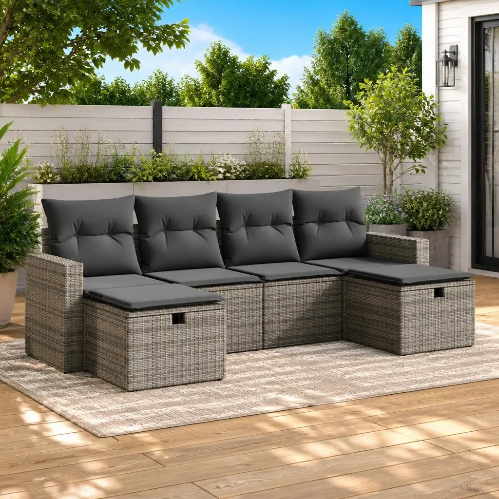 Garden Sofa Set Grey 6 Piece Outdoor Furniture Poly Rattan with Storage Cushions