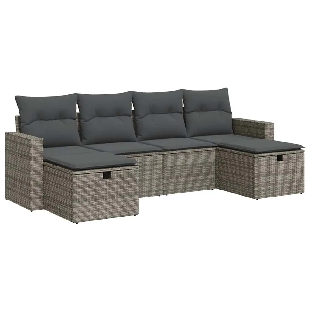 Garden Sofa Set Grey 6 Piece Outdoor Furniture Poly Rattan with Storage Cushions
