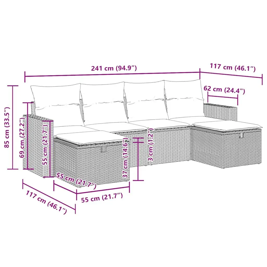 Garden Sofa Set Grey 6 Piece Outdoor Furniture Poly Rattan with Storage Cushions