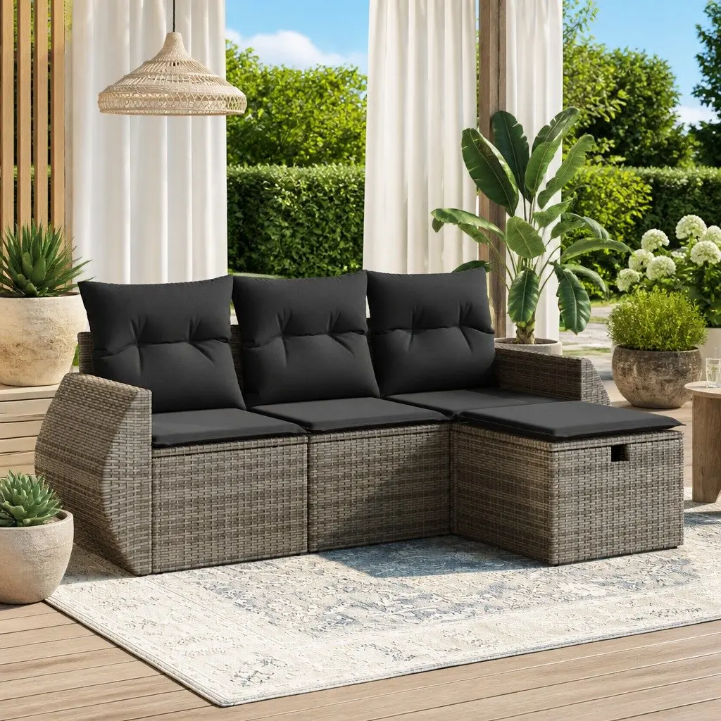 4 Piece Garden Sofa Set Grey PE Rattan Outdoor Furniture with Cushions Storage