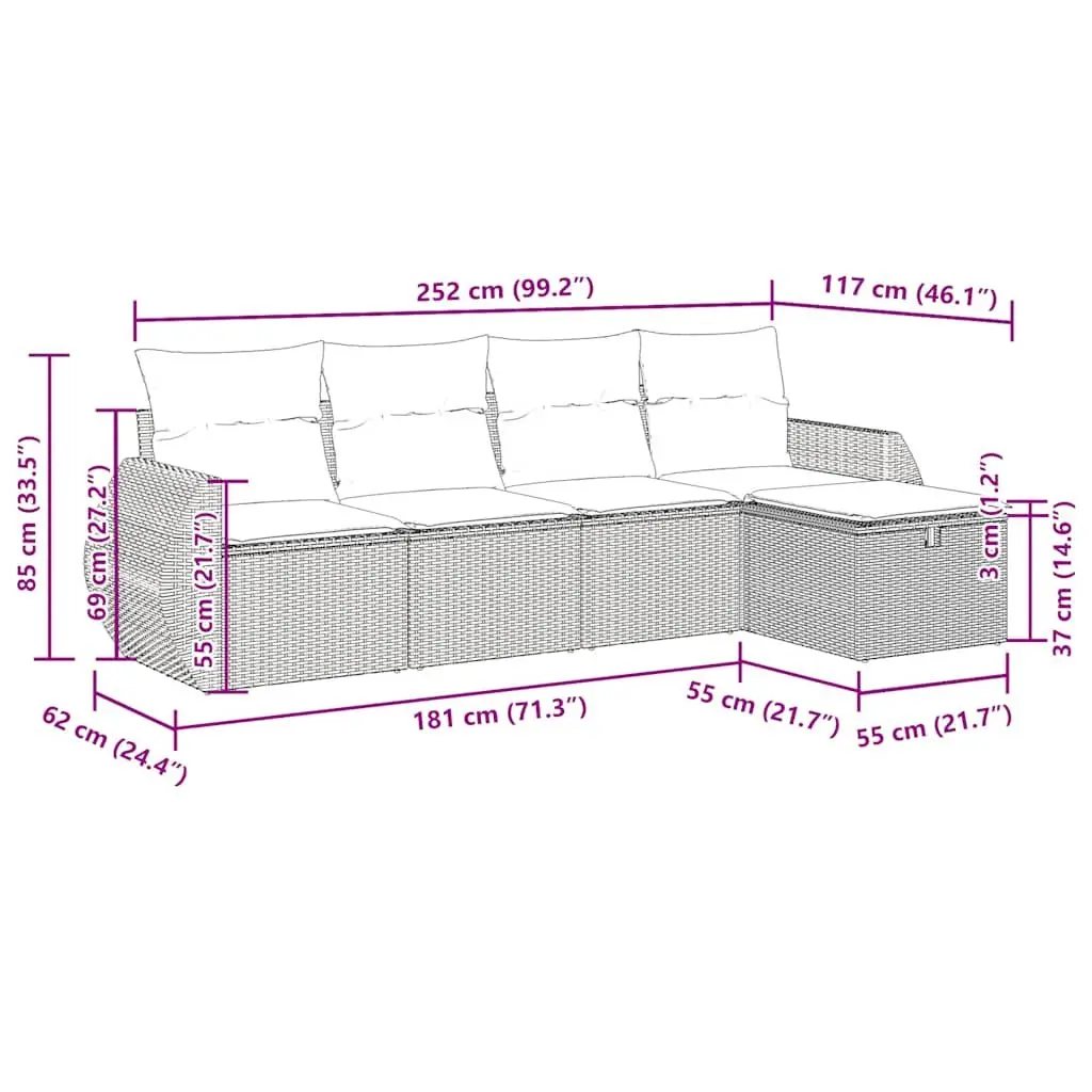 Garden Sofa Set Grey 5 Piece Modular Outdoor Furniture PE Rattan with Cushions