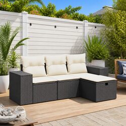 Garden Sofa Set 4 Piece Outdoor Furniture Black Poly Rattan Modular Patio Lounge