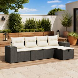5 Piece Garden Sofa Set with Cushions Black Poly Rattan Outdoor Furniture Patio