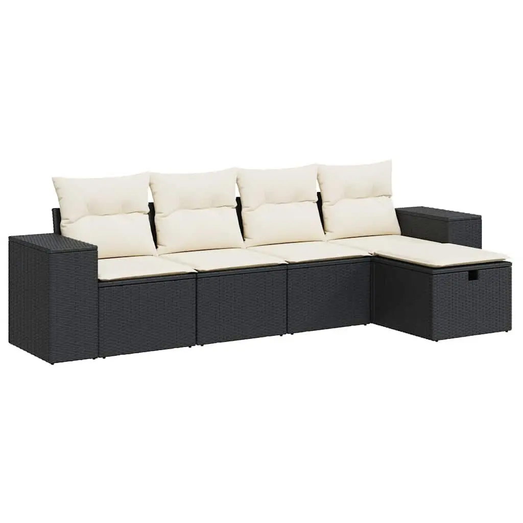 5 Piece Garden Sofa Set with Cushions Black Poly Rattan Outdoor Furniture Patio