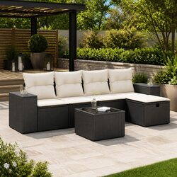 Garden Sofa Set 6 Piece Outdoor Furniture Patio Sectional Black Poly Rattan