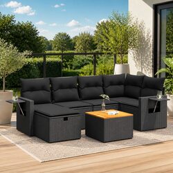 7 Piece Garden Sofa Set Outdoor Patio Furniture Black Poly Rattan with Cushions