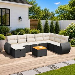 Garden Sofa Set 9 Piece Outdoor Furniture Black Poly Rattan Modular Patio