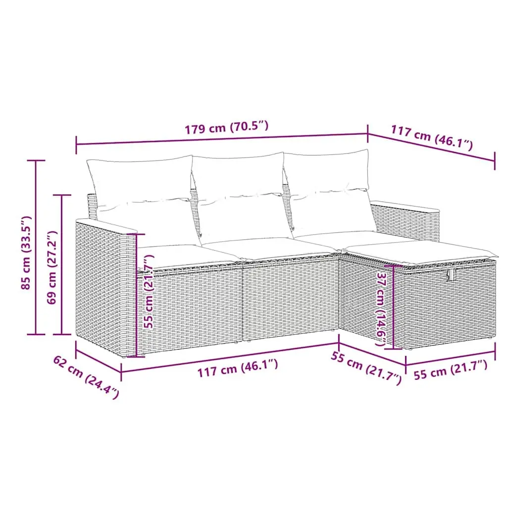 Garden Sofa Set Grey 4 Piece Modular Outdoor Furniture with Cushions