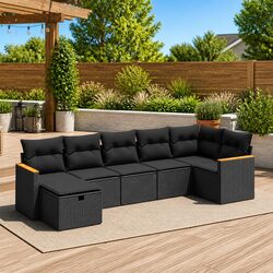 7 Piece Garden Sofa Set Outdoor Furniture Black Poly Rattan Modular Patio Lounge