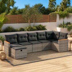 Garden Sofa Set 7 Piece Grey Poly Rattan Outdoor Furniture Patio Lounge with