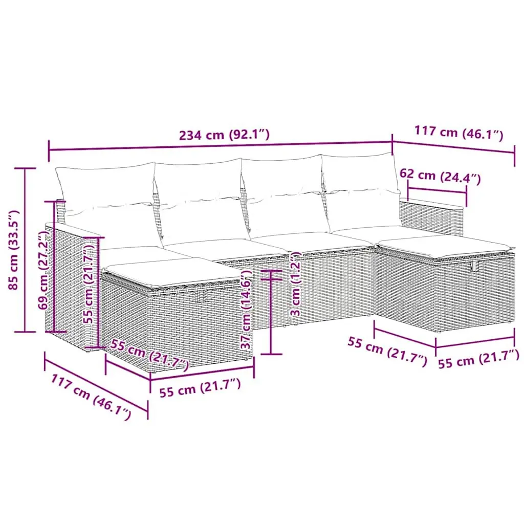 Garden Sofa Set 6 Piece Outdoor Furniture Black Poly Rattan Modular Patio Lounge
