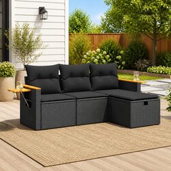 Garden Sofa Set 4 Piece Outdoor Furniture Black Poly Rattan Modular Patio Lounge